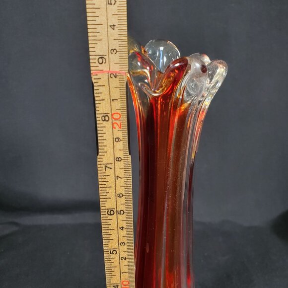Vintage Amberina Red Orange Art Glass Bud Vase | Mid Century Hand Blown Ruffled - Picture 2 of 13